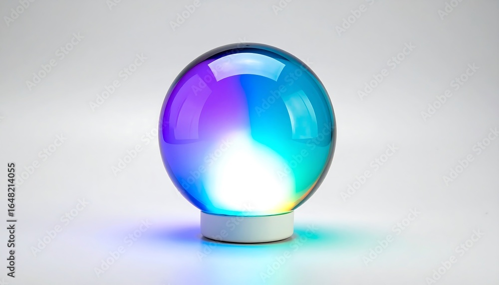 Poster a clear sphere with colorful gradient light on a white surface.