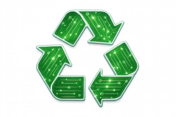 Electronic circuit board textured recycling logo symbolizing green tech innovation, highlighting sustainable electronics design on transparent backdrop