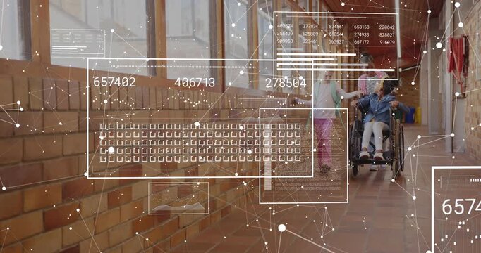 Two children entering hallway with carer pushing wheelchair, panels animating numeric analytics