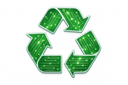Electronic circuit board textured recycling logo symbolizing green tech innovation, highlighting sustainable electronics design on transparent backdrop