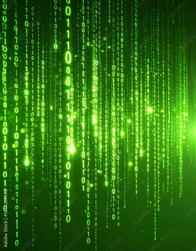 Poster a digital rain of binary code, with glowing green numbers cascading down a dark background, evoking 