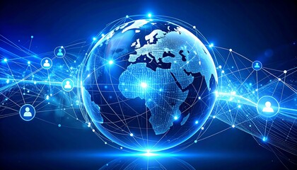 A digital blue globe illustrates global network connections, symbolizing modern technology.