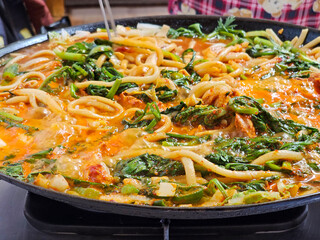 Korean Spicy Hot Pot with Udon Noodles and Fresh Vegetables