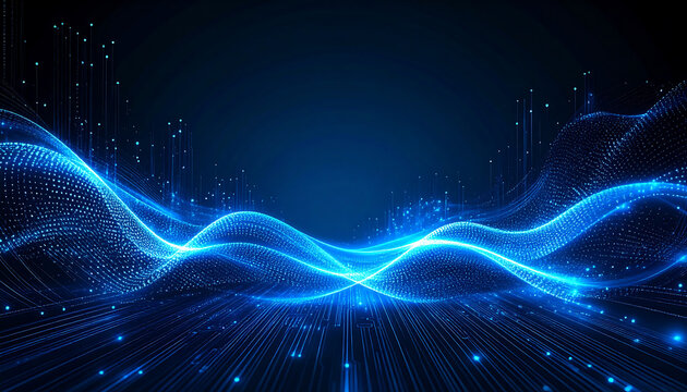 A digital landscape of glowing blue waves and particles on a dark background. - Powered by Adobe