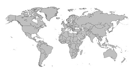 A detailed political world map with gray outlines of countries and continents on a white background.