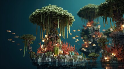 Underwater voxel landscape featuring bioluminescent flora, fauna, and  structures resembling trees and coral reefs, illuminated by glowing lanterns within a tranquil, dark-blue aquatic environment