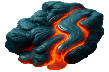 Glowing orange lava meandering down dark grey volcanic rock against a transparent background, creating a dramatic geological scene