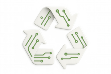 Electronic waste recycling symbol with circuit board pattern promoting environmental awareness and responsible technology disposal on a transparent background