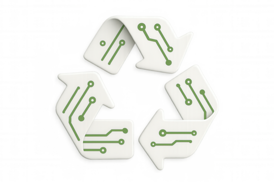 Electronic waste recycling symbol with circuit board pattern promoting environmental awareness and responsible technology disposal on a transparent background