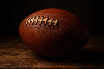 Vintage leather football with laces detail on weathered wooden surface