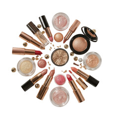 Arrangement of makeup products on a black background for a creative presentation of beauty cosmetics