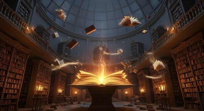 Enchanted Magical Library with Flying Books - Powered by Adobe
