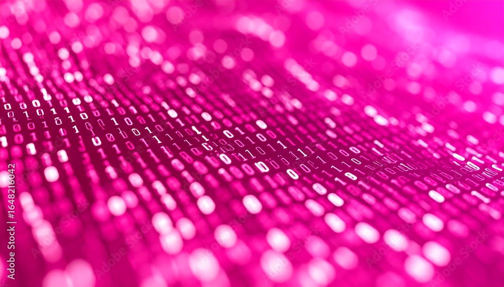 Poster a vibrant pink abstract background of flowing binary code, symbolizing digital data and technology.
