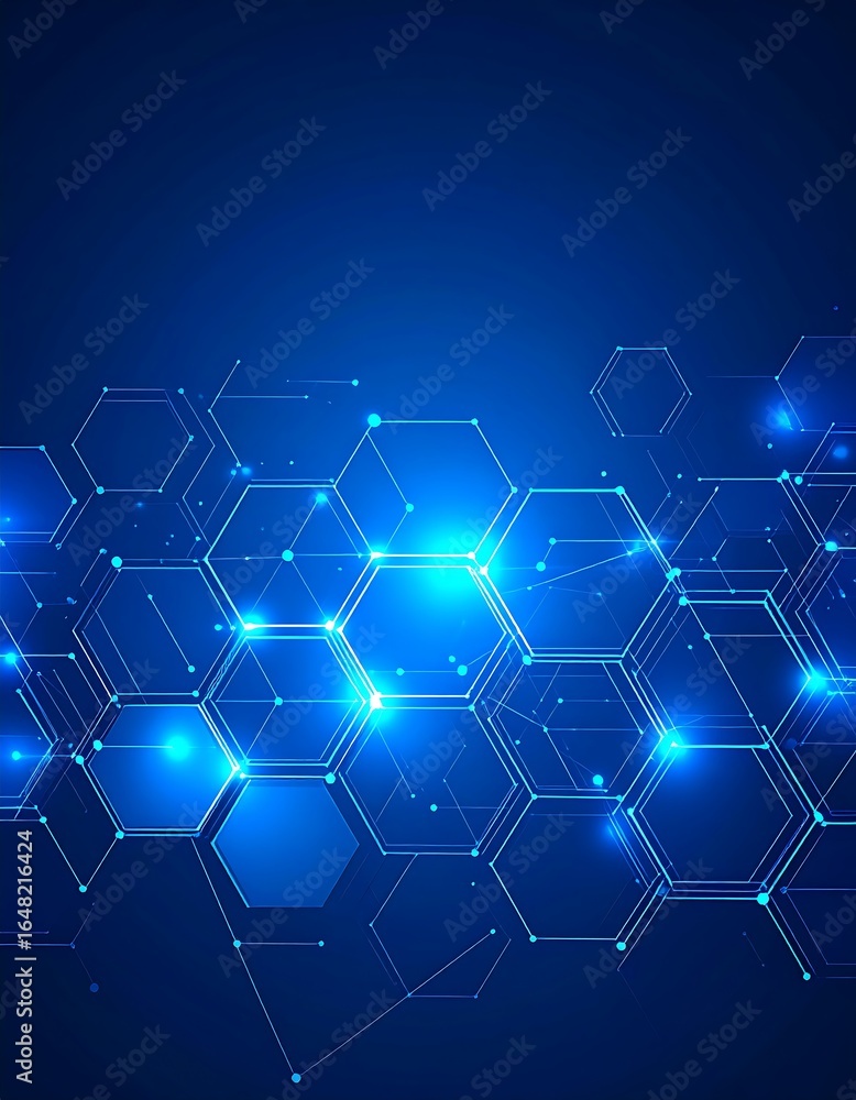 Poster abstract blue background with glowing hexagonal pattern, representing technology, network, or data.