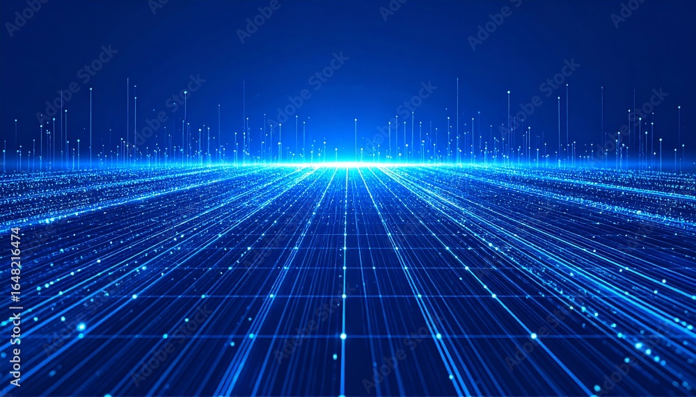 Poster abstract blue digital landscape with glowing lines and particles, symbolizing data flow or network.