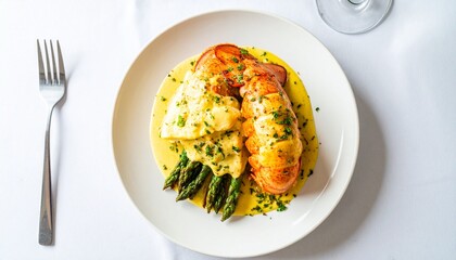 Exquisite Lobster Tail Dish with Asparagus and Hollandaise Sauce, Fine Dining Presentation