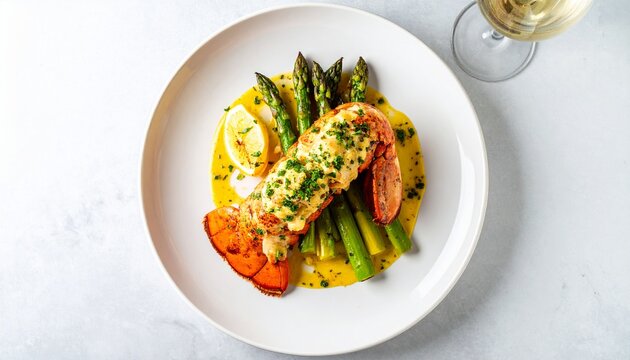 Elegant Lobster Tail with Asparagus and Lemon Butter Sauce, Fine Dining Presentation