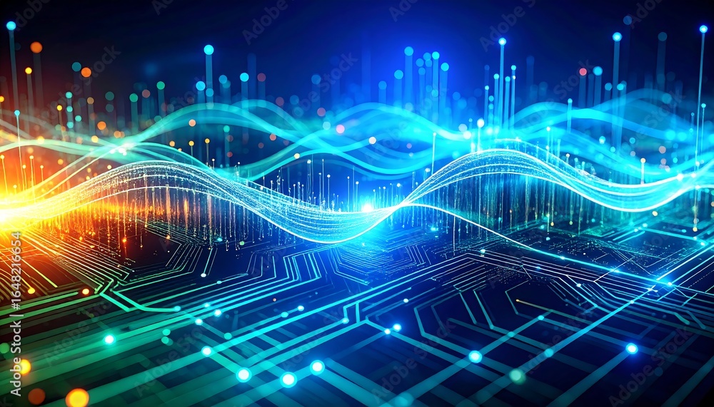 Poster abstract digital landscape with glowing waves and circuit board patterns.