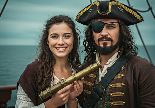 Woman and Man Couple Pirate Captain with Spyglass at Sea Portrait. International Talk Like a Pirate Day September 19