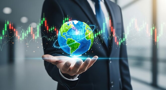 Businessman holds glowing Earth with global financial trading charts overhead symbolizing worldwide business success - Powered by Adobe