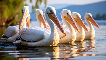 White pelicans in a row on the water