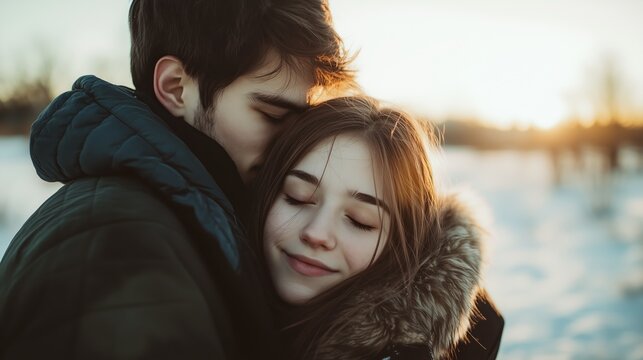 A couple in love at a winter sunset.