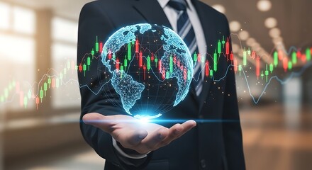 Confident businessman holds glowing digital earth with global financial market data overlay