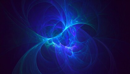 Fototapeta premium An abstract fractal pattern in shades of deep blue and bright teal, with swirling, translucent lines and forms against a dark background, creating a sense of cosmic energy or deep sea currents