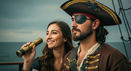 Woman and Man Couple Pirate Captain with Spyglass at Sea Portrait. International Talk Like a Pirate Day September 19