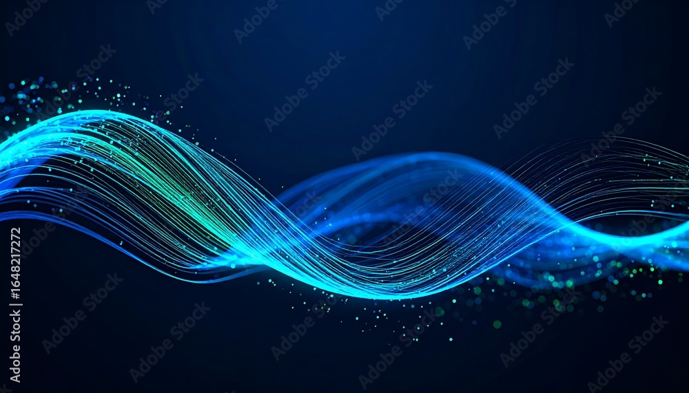Poster an abstract, flowing design featuring vibrant blue and teal light streams punctuated with bokeh part