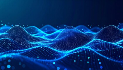 Fototapeta premium an abstract, digital representation of undulating waves, rendered in vibrant shades of blue and illuminated by countless luminous particles against a deep, dark blue background.