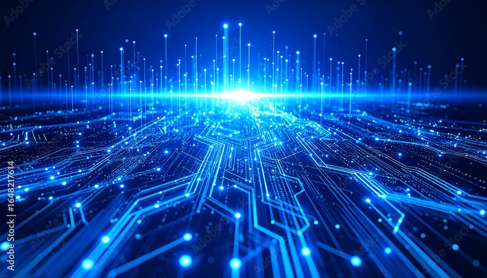 Poster blue abstract digital circuit with glowing lines and dots, representing data flow and connectivity.
