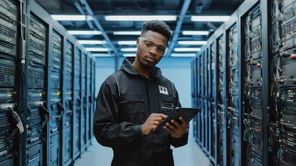 Focused technician monitors server data on tablet amidst rows of glowing technology equipment - Powered by Adobe