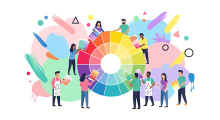Illustration Art Vector of People with Color Wheel Palette and Abstract Brush Strokes Modern Style Design