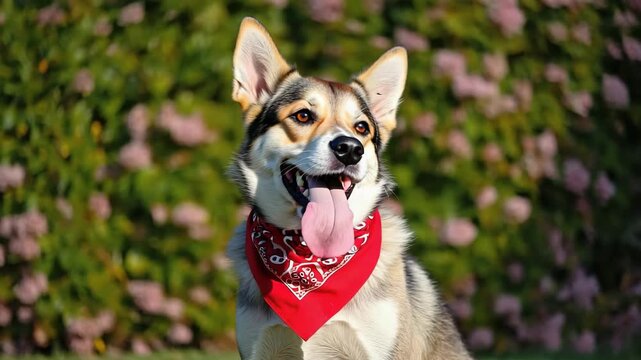 Joyful husky dog panting happily with tongue out, wearing a red bandana in sunny garden