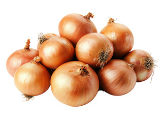 Group of Fresh Yellow Onions with Skin and Roots on Transparent Background