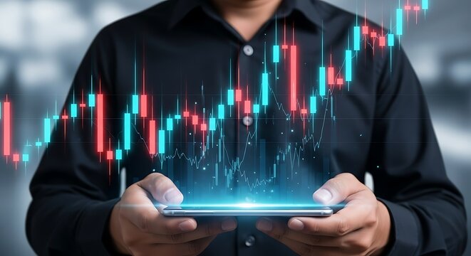 Man holding smartphone displaying glowing stock market candlestick chart with upward trend