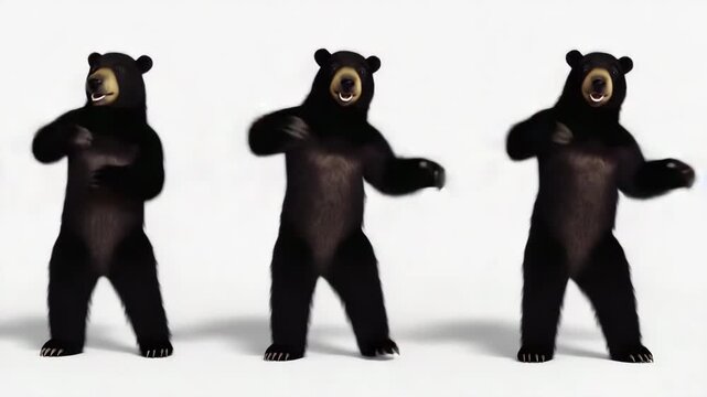 Three playful black bears dancing energetically in a bright studio setting, showcasing movement.