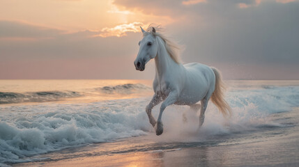 朝日が登る波打ち際を疾走する美しい白馬をリアルに描いたAI生成画像