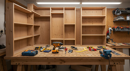 Home workshop setup with essential tools on a perforated workbench and custom wooden wall storage, ready for DIY projects and craftsmanship