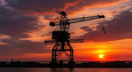 Silhouette of a construction crane against a vibrant sunset sky at dusk