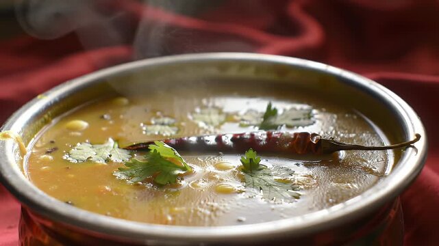 lentil soup, known as Dal Tadka or Dal Fry, served hot and steaming in a traditional bowl with spicy garnish.