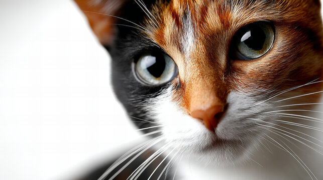 Close-up of a calico cat with vibrant fur colors and expressive eyes, showcasing detailed facial features and whiskers
