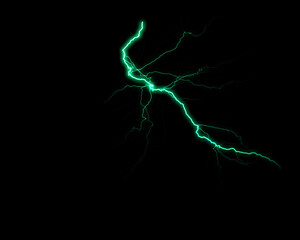 A vivid green lightning bolt streaks across a dark, empty background, showcasing its powerful, branching electrical discharge.