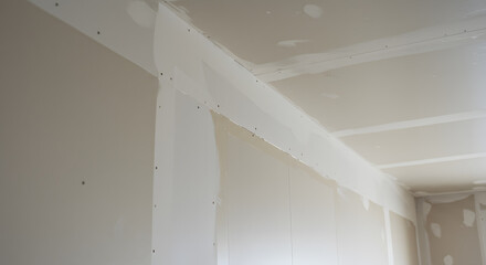Unfinished room interior with newly installed drywall. Gypsum board walls and ceiling showing taped seams and screws during construction or renovat...