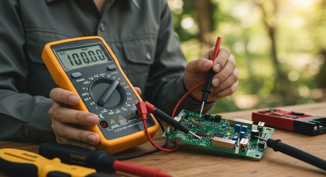 Technician Testing Circuit Board with Multimeter Displaying Reading of 100.0, Outdoors - Powered by Adobe