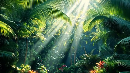 Sunlit Jungle Canopy Dynamic Rays Filter Through Lush Tropical Foliage. - Powered by Adobe