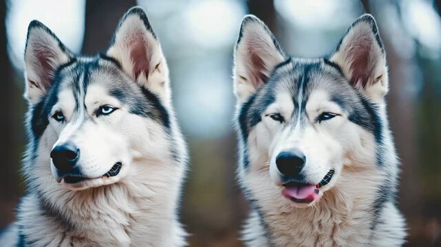 Two striking Siberian Huskies with piercing blue eyes gaze intently in a soft-focus forest setting