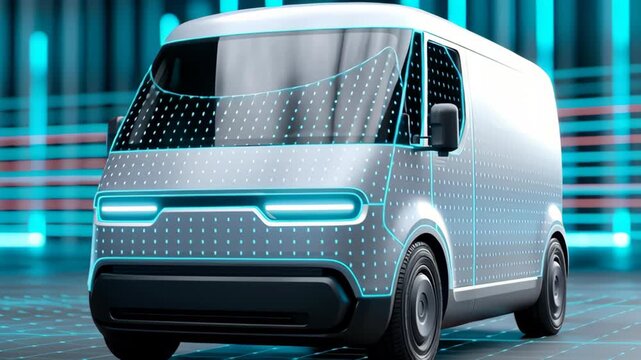 Futuristic smart electric van for autonomous logistics and efficient fleet management. An innovative concept for modern urban cargo delivery - Powered by Adobe