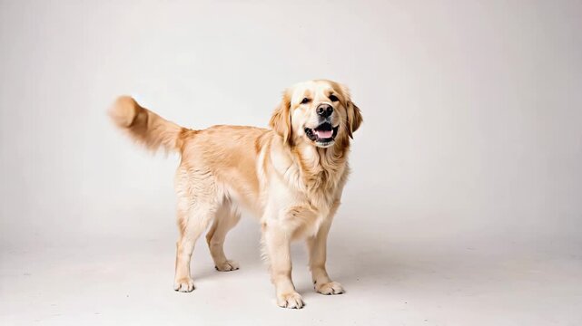 Joyful Golden Retriever wagging tail and looking at camera in a bright studio setting